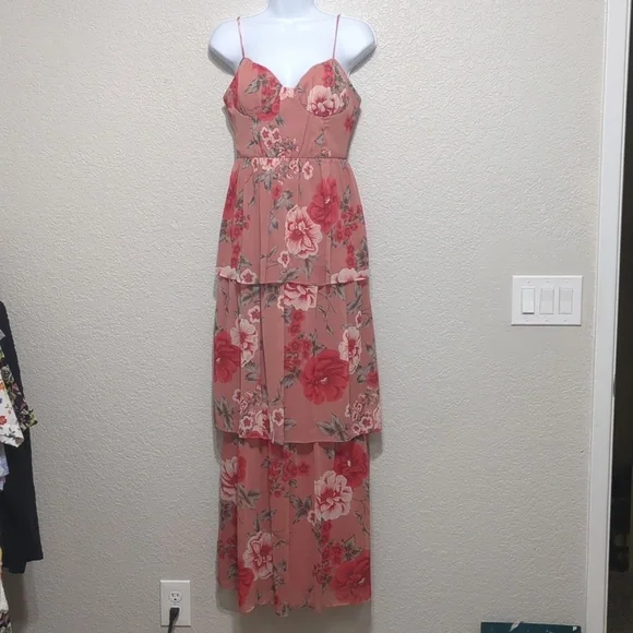 Crystal Doll pink floral sleeveless tiered ruffled maxi dress - Picture 2 of 12